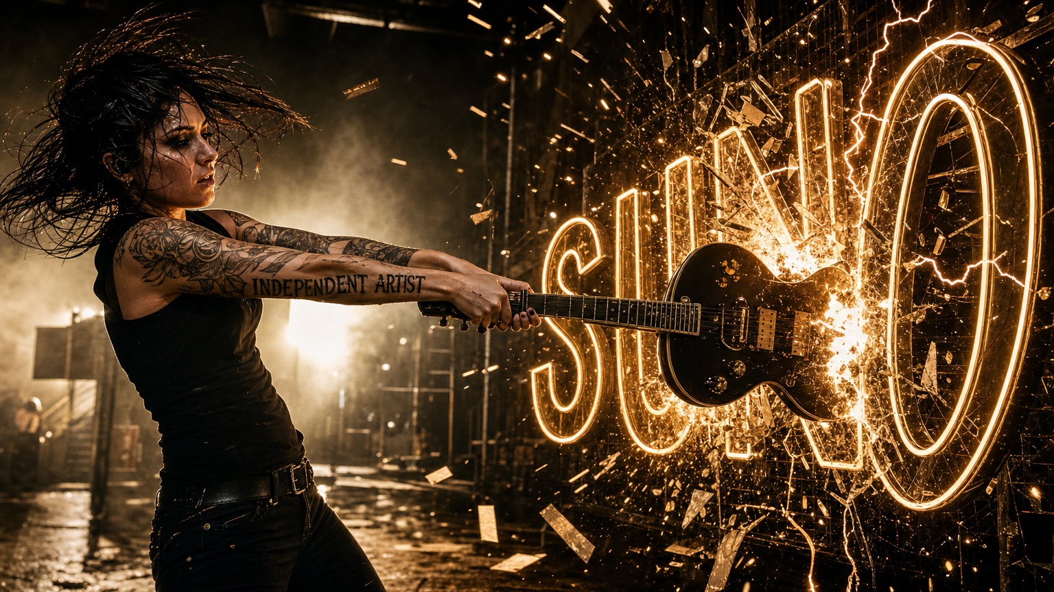 Tätowierte Independent-Rockmusikerin zertrümmert mit dem Korpus ihrer E-Gitarre einen leuchtenden SUNO-Schriftzug